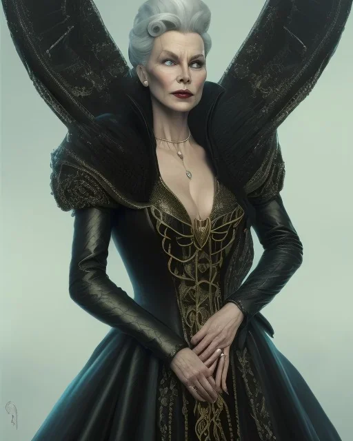 old evil queen in black leather gown, femme fatale, volouptous, busty, cleavage, angry, emperious, 8k resolution concept art portrait by Greg Rutkowski,