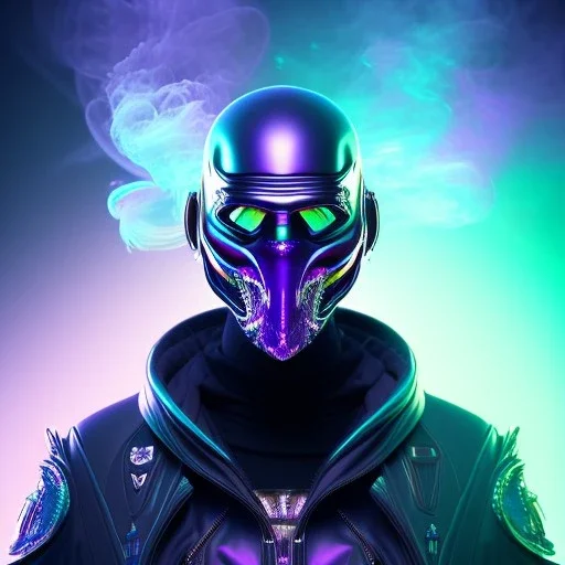 purple galaxy masked villain, futuristic, teal and purple smoke, full portrait, hyper realistic, 4k