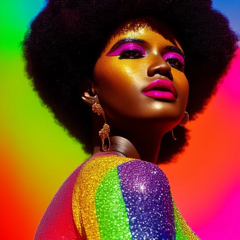 masterpiece, best quality, woman, dark skinned, sparkling eyes, fluorescent skin, colorful makeup, afro, full body shot, highly detailed body, sun light, 4K, RAW, depth of field, high contrast, realistic details, 24mm