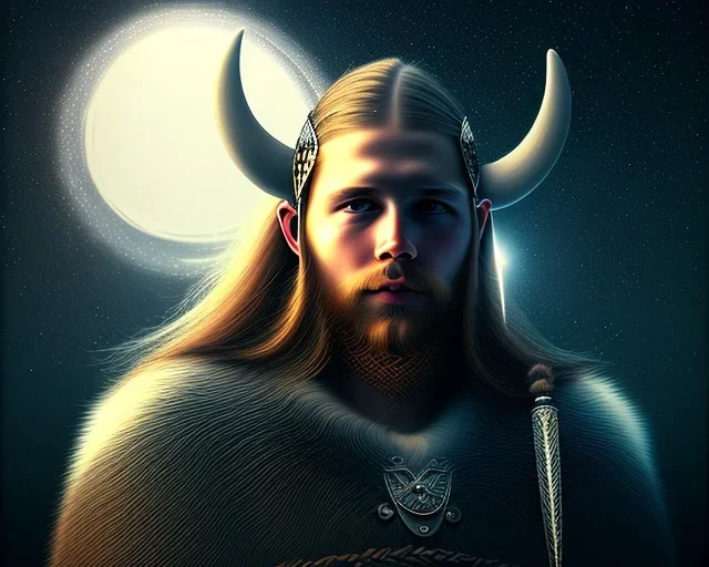 a sad and lonely viking looking up at the stars at night, hyper realistic, 8k, insane detail, atmospheric background, crying eyes, big fur coat, long braided hair, sharp focus, soft background, dynamic lighting, viking helmet, night time