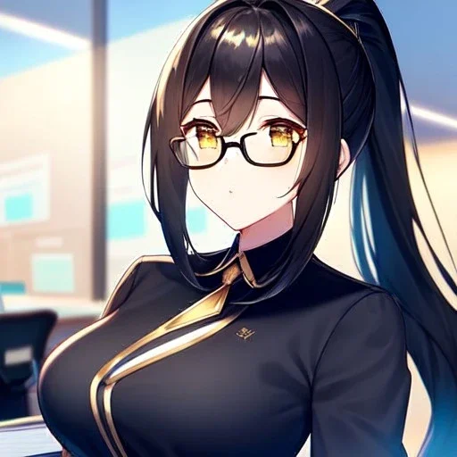 girl, masterpiece, best quality, volumetric lighting, detailed outfit, perfect eyes, black hair, golden eyes, long hair, ponytail, black glasses, at office,