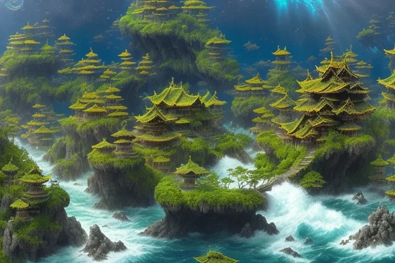 high quality matte painting of a stormy ocean and little lush organic islands, ecosystem, highly reflective water, japanese bunka period architecture, book of later han, randomly placed tiny buildings, intricate, detailed, waves, spume, small minutiae, spindrift, tiny features, ripples, particulars, sharp lines, digital art, sharp focus, volumetric clouds, perspective ground level camera view, 8k, realistic shaded volumetric lighting, ambient occlusion, sunlight caustics, uhd, art by sam curry