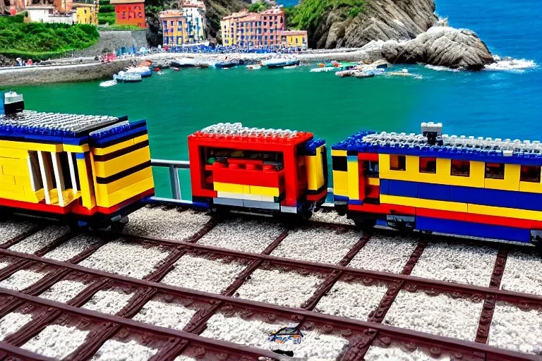 Lego close up Train in lego riomaggiore italy sea town lego