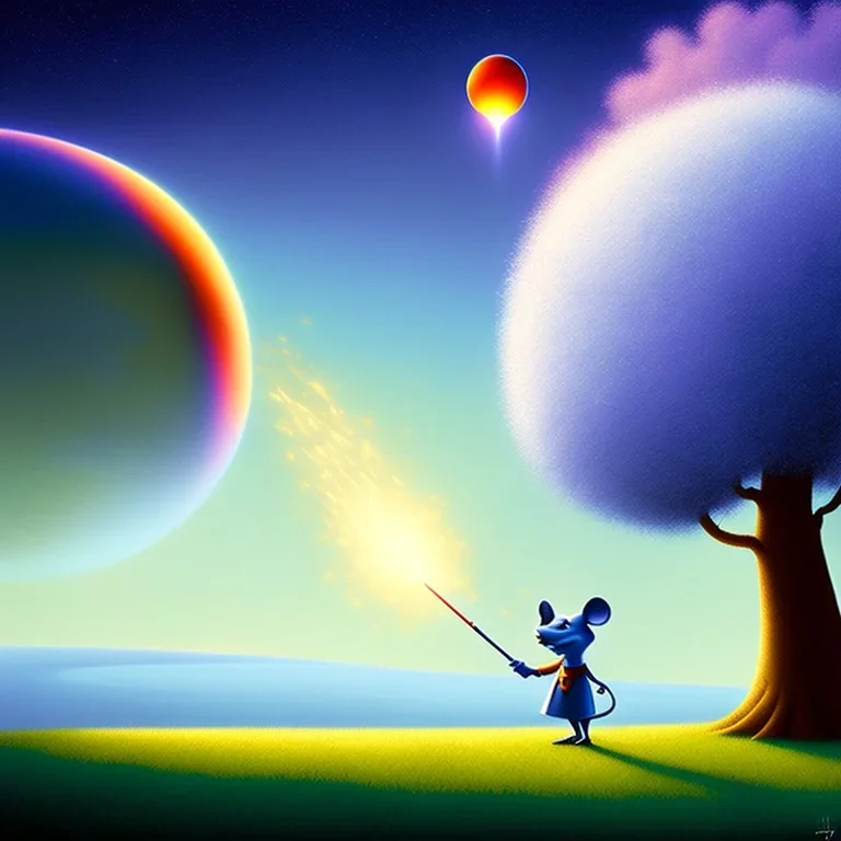 The mouse and the executioner discussing the future of the universe on bubble world, art by Pixar and Magritte