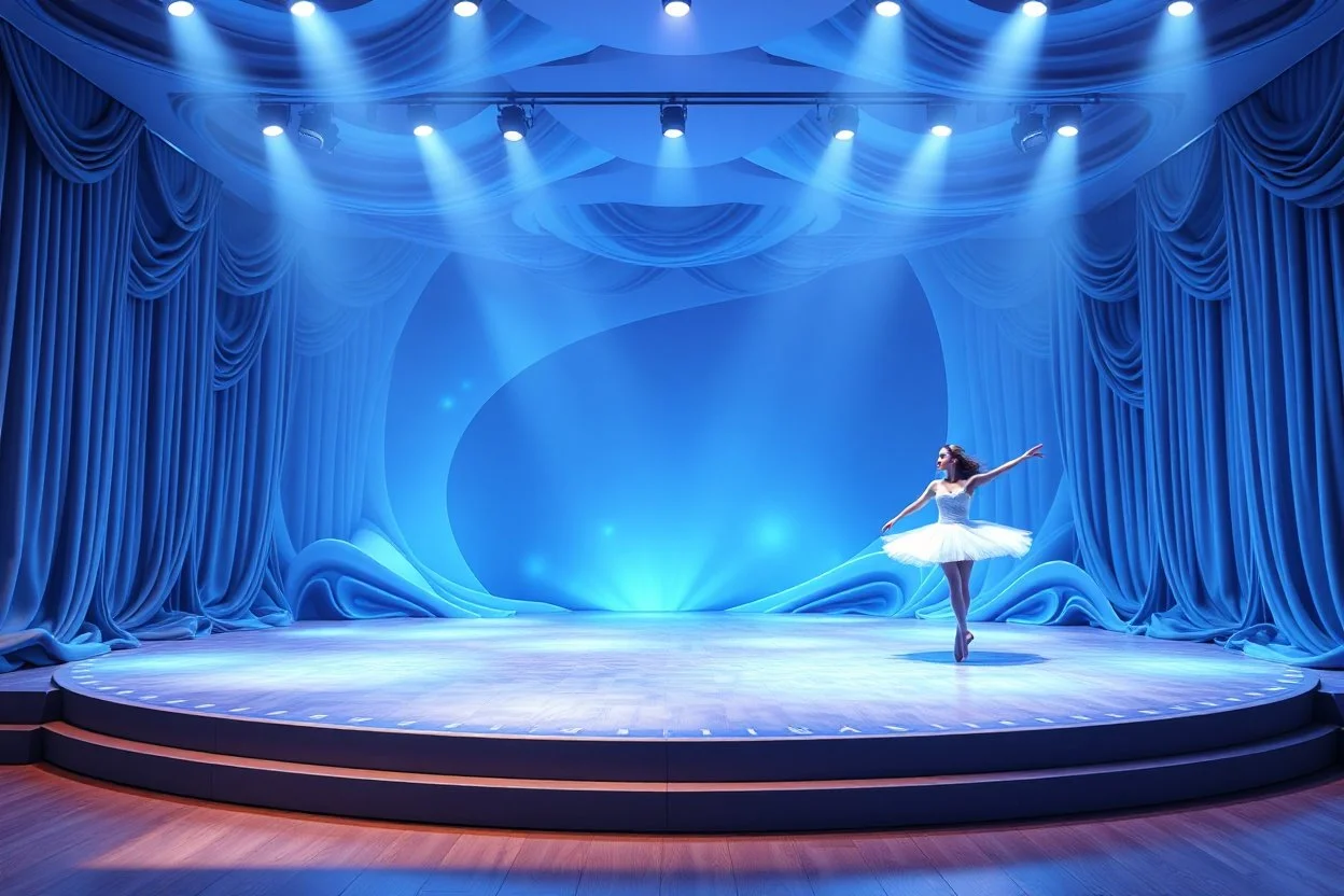 modern stage with gray-blue theme artistic decoration , color full dynamic lighting, a beautiful ballerina dancing, 3D recursive fractal structure animating background