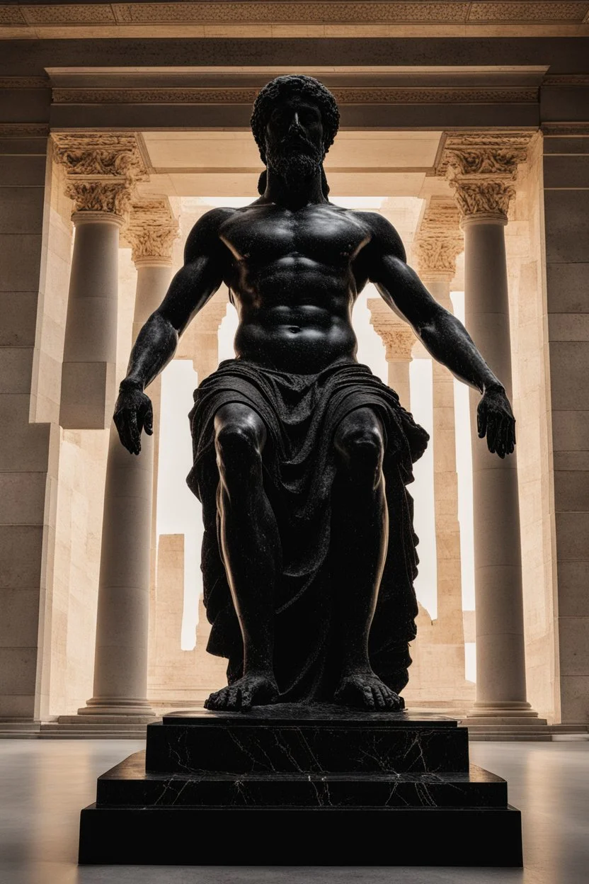 black marble statue of a greek god with glowing chakras emanating from microscopic cracks in the marble