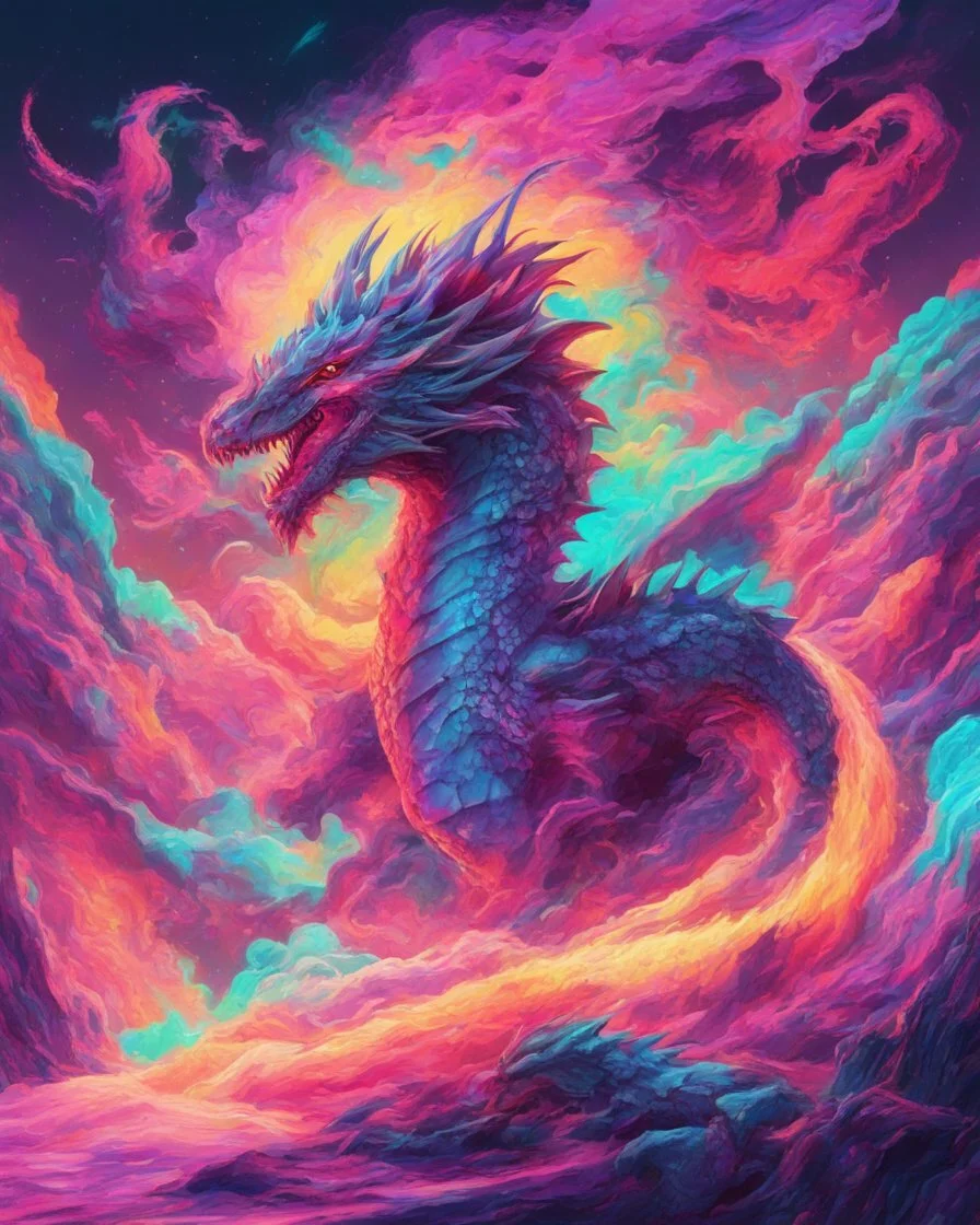 Dragon in a vibrant synthwave dreamscape, neon chaos swirling energetically around pixelated forms, a dynamic fusion of retro gaming nostalgia and futuristic abstraction