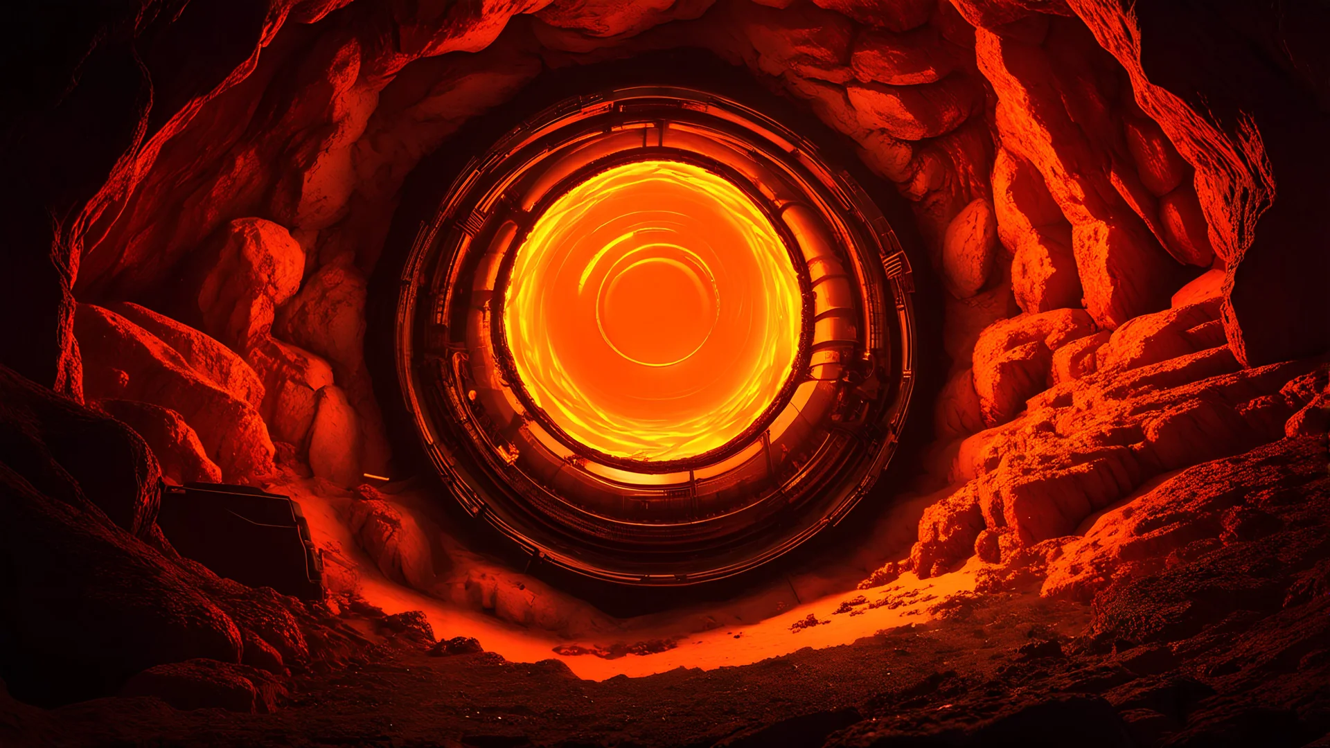 top down shot of a scifi geothermal generator glowing orange inside a cave