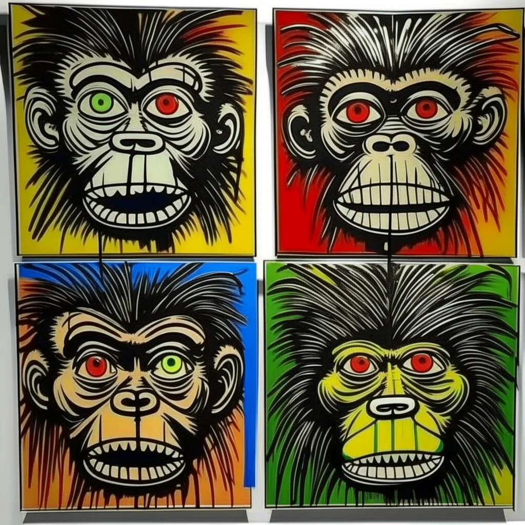 4 angry monkey faces, one is blind, one is deaf, one is mute, by Jean-Michel Basquiat and Andy Warhol, acrylic painting