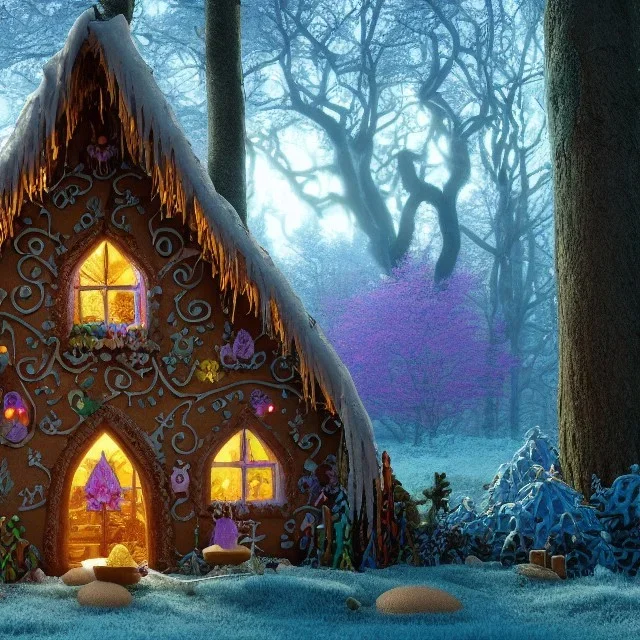 a fantasy witch house in the woods made of gingerbread, cerulean frosting, and pastel candies, 8k, flickering light, centered, high-quality, fine-detail, digital art, detailed matte, volumetric lighting, illustration, 3D octane render, brian froud, howard lyon, ben goossens, George Grie, alphonse mucha