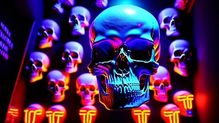 hundreds of non-anatomically correct, dark comic art, graphic novel,human skulls stacked into a wall unusual neon lighting, high velocity, 64k, dystopian, vray,