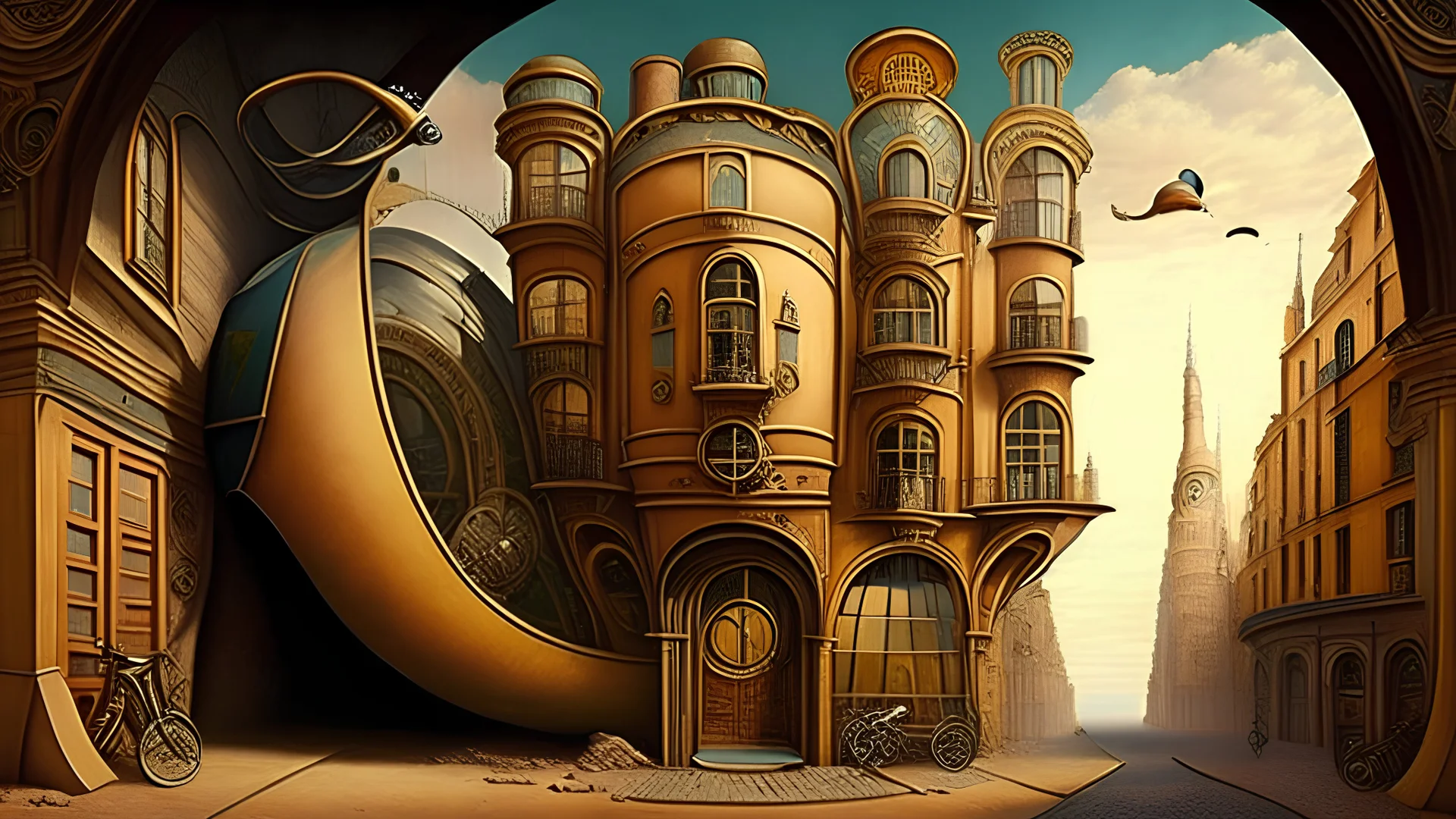 steampunk city like trompe l'oeil dali