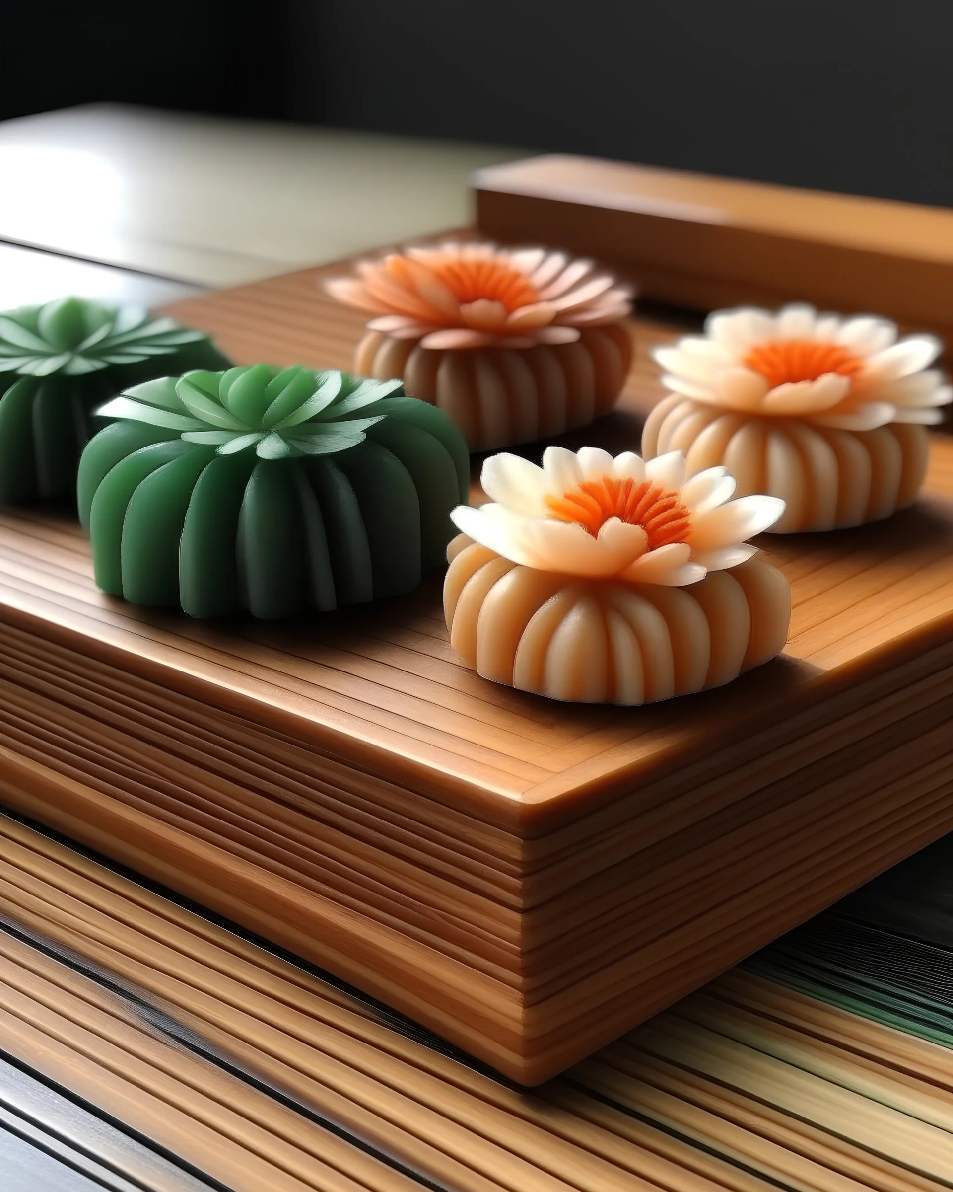 Wagashi shaped like flowers, impacted and separated by wooden slats