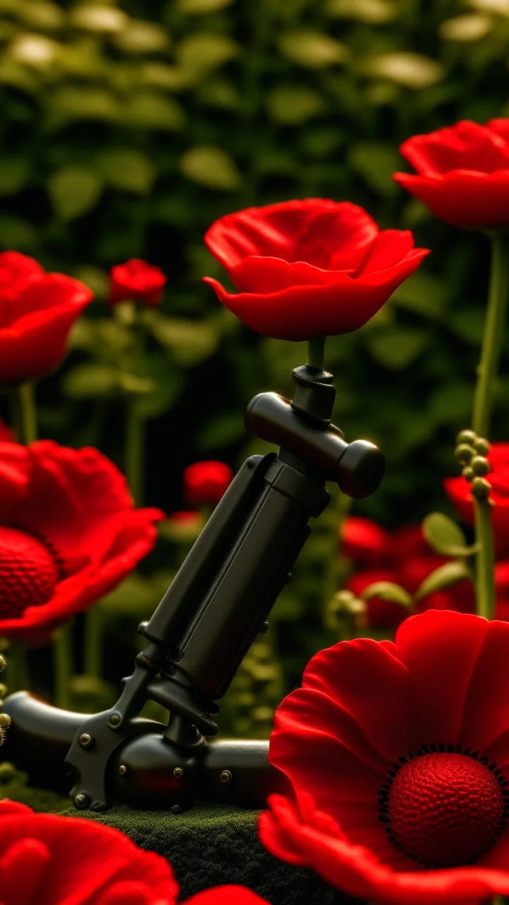 black gun with red kiss on it in a garden full of red poppies. cinematic