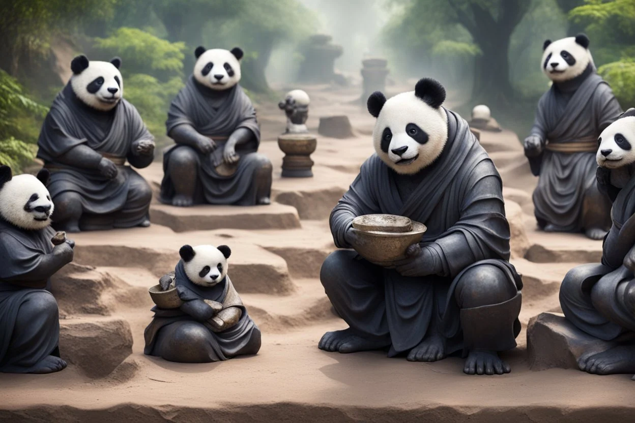 archeologists discovering space panda ninja people worshipping statues and idols