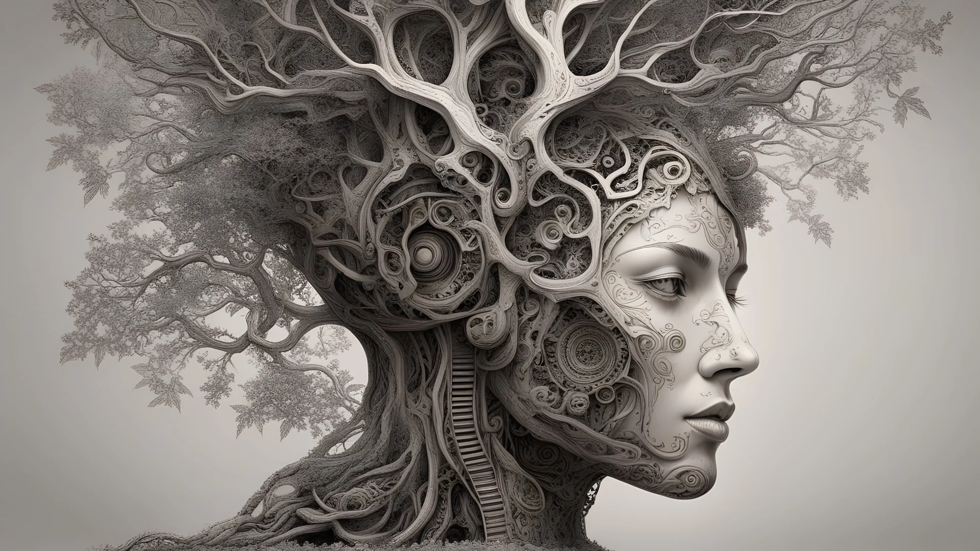 a machine a human and a tree all mixed into single beautiful being,intricate details,masterpiece