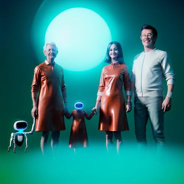 Ultra Realistic classic family portrait, living room. father. mother. daughter. alien pet. Little flying drone. retro futuristic, minimal style, latex dress. smile, happy. highly detailed, concept art, unreal engine 5, ray tracing, RTX, lumen lighting, ultra detail, volumetric lighting, 3d, finely drawn, high definition, high resolution.