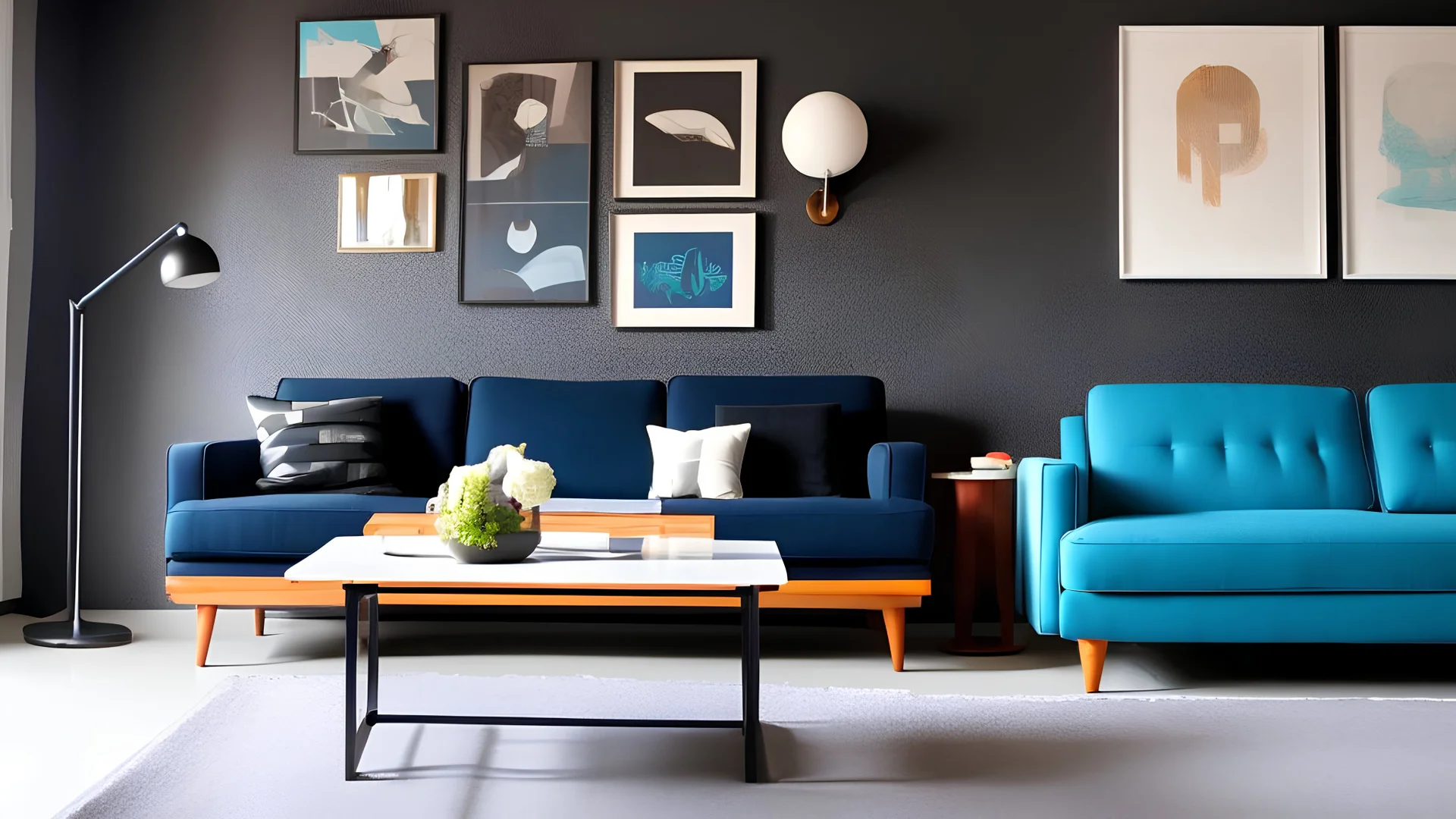 Blue sofa and armchair against black paneling wall. Art deco home interior design of modern living room.