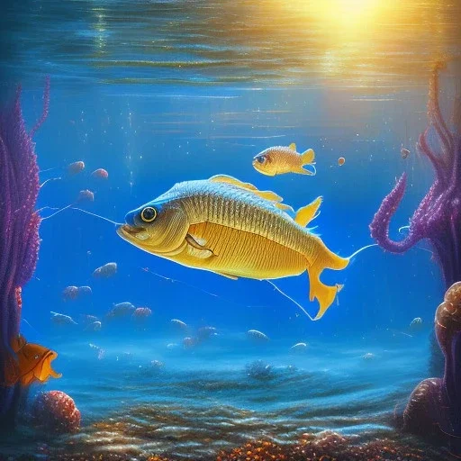 fish looking up to surface full body under lake for background