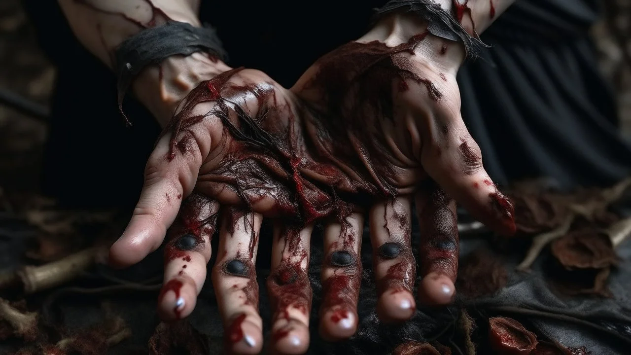 a woman's palms of her hands with dried and caked on blood all over them