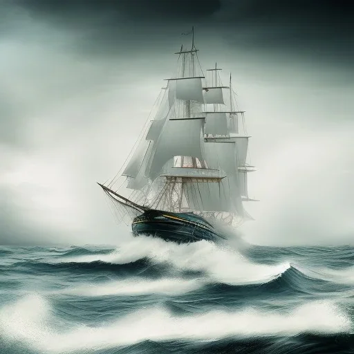 Tall ship, sail, rough sea, storm,