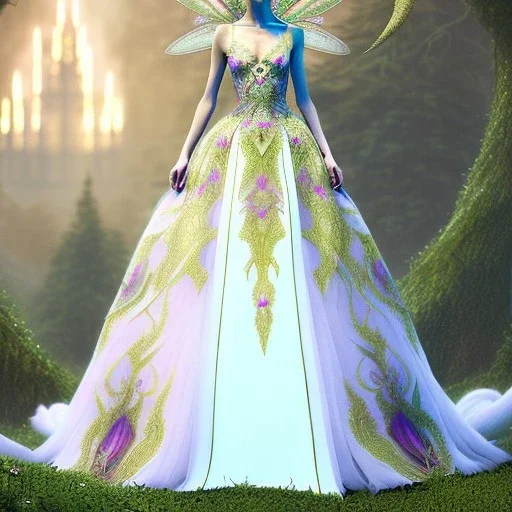 stunning couture gown designed by Marchesa inspired by fairies, realistic epic elegant fantasy colors, detailed, high quality, intricate, fantasyland background,