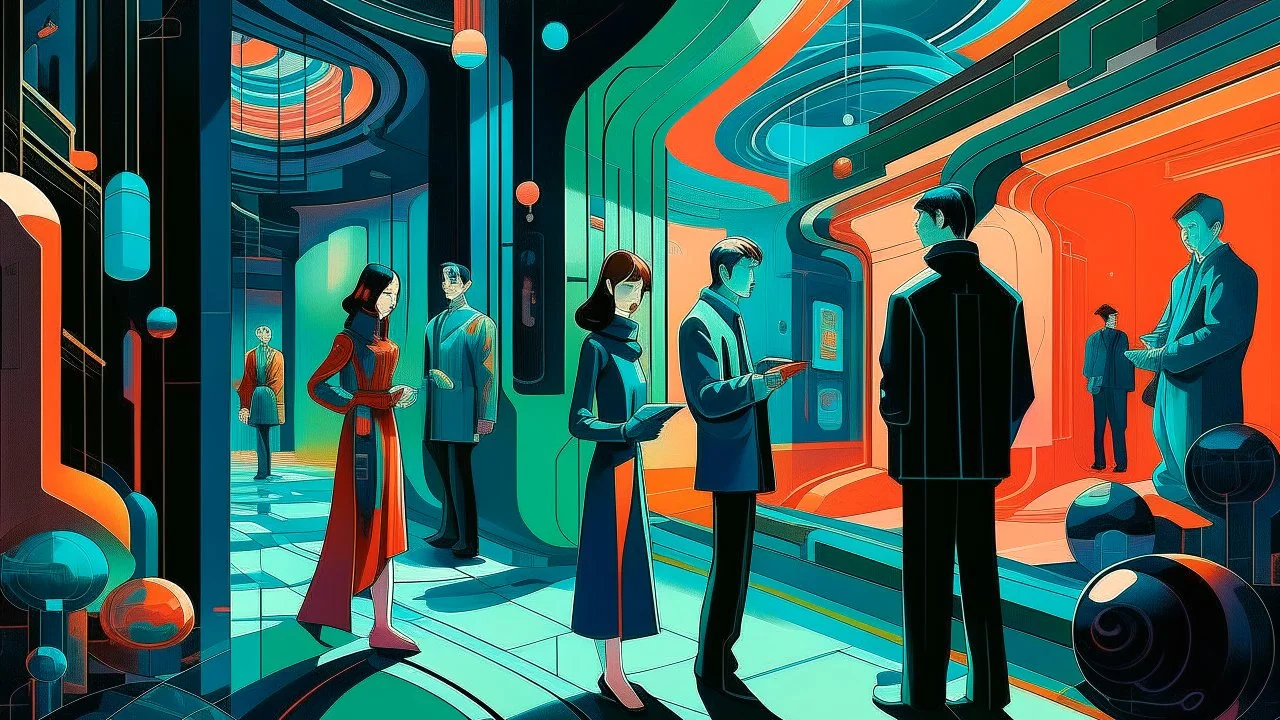 An digital painting by Kuniyoshi and Kandinsky of tech-people walking inside a futuristic digital world.