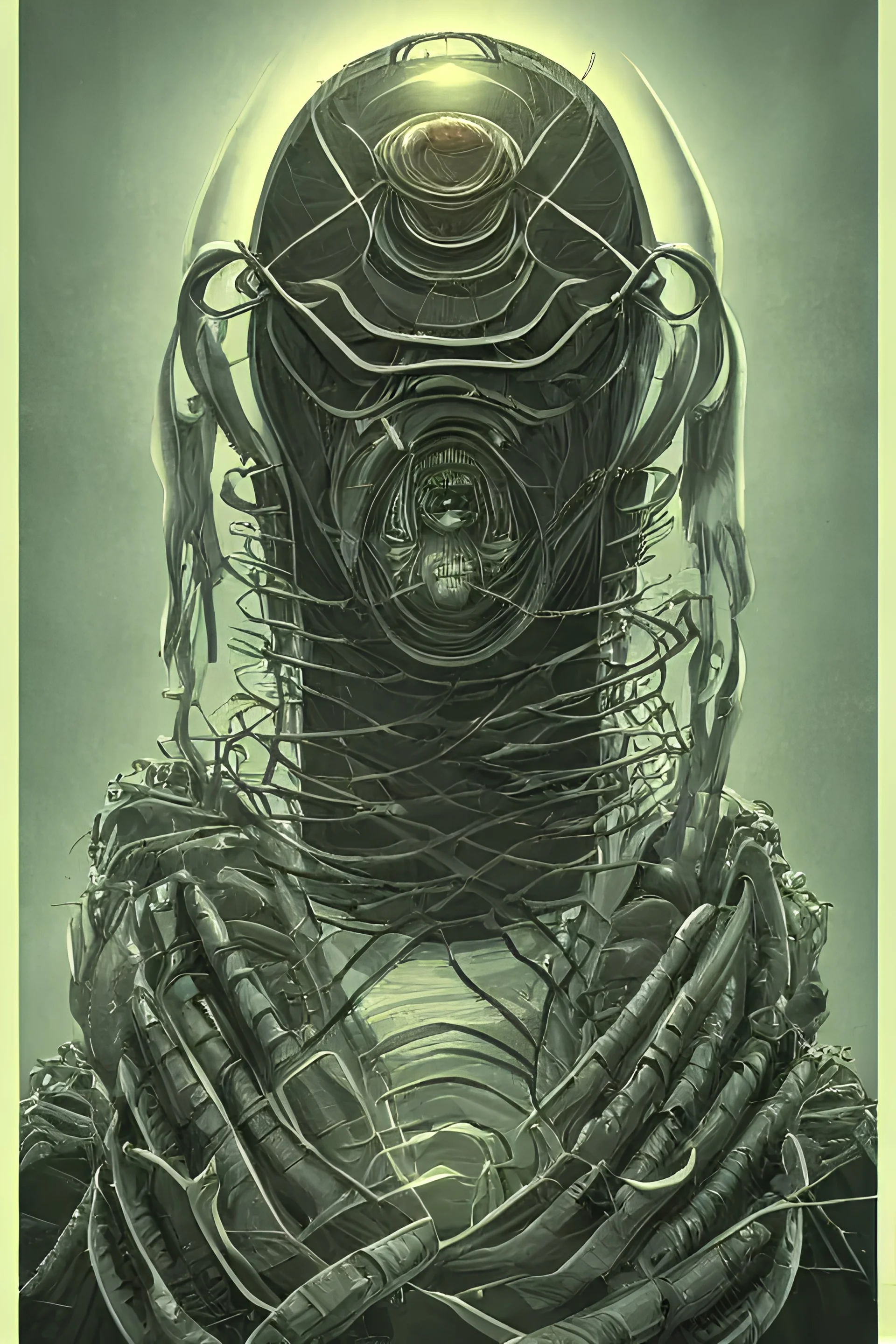 isometric, axonometric portrait of advanced alien, his last moment, mystical, technology meets fantasy, map, infographic, concept art, art station, style of giger, wes anderson