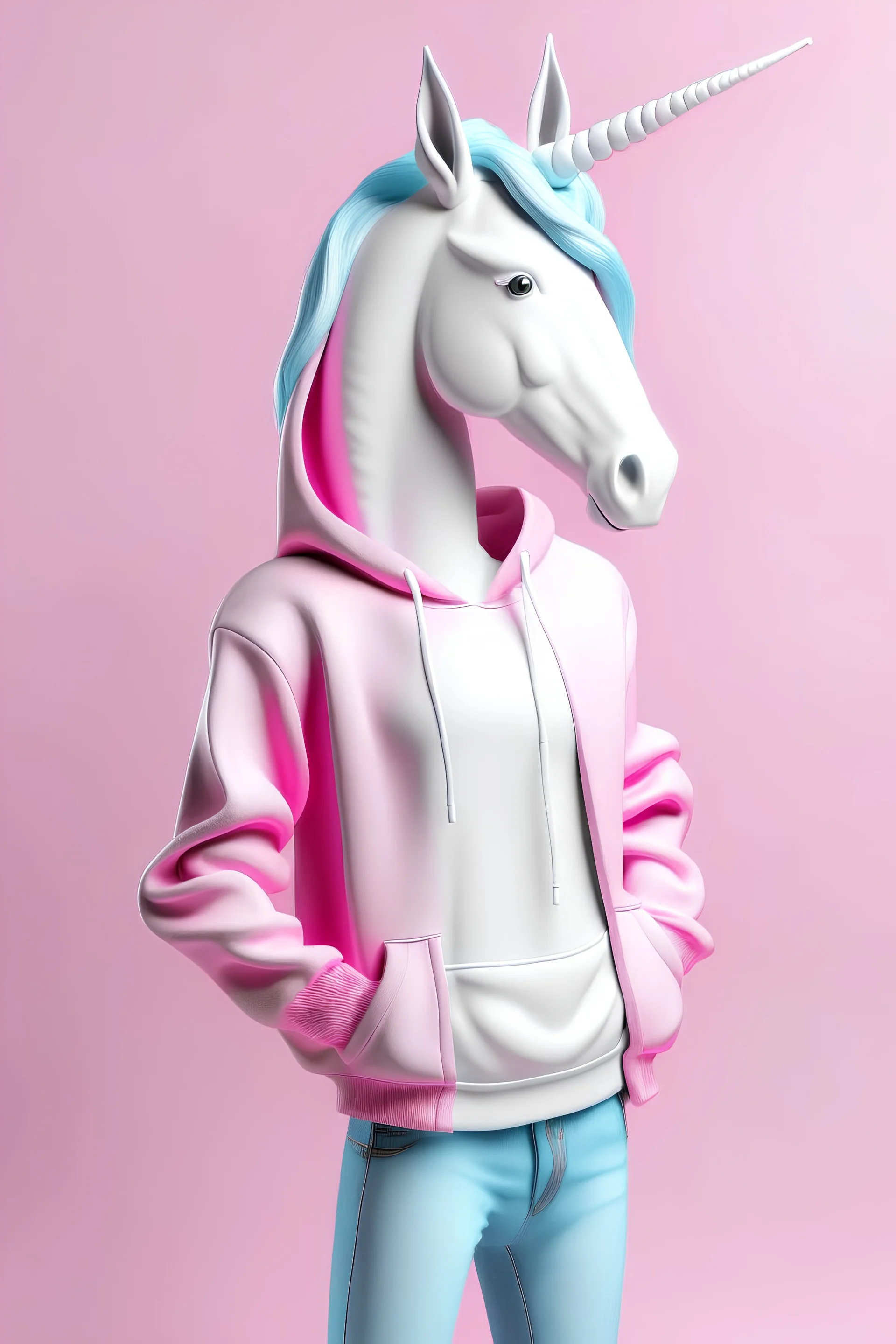 une représentation d'une licorne debout à l'aspect humain avec un pantalon jeans et une capuche rose. le fond de l'image est blanche et la licorne doit etre très féminine