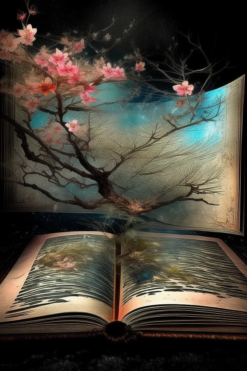 Complex, multifaceted raw photography; Surrealism; Put together; The lower layer is a daguerreotype; The top layer is a painted cherry blossom tree growing from the page of an ancient book; the botanical view; Neon sparkling pulses; General view; Double exposure; 3D Overlay; Unusually beautiful; Aesthetically pleasing; The best quality.