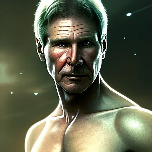 actor harrison ford, pale skin, waist up portrait, intricate, oil on canvas, masterpiece, expert, insanely detailed, 4k resolution, retroanime style, circular reflective eyes, cinematic smooth, intricate detail , soft smooth lighting, soft pastel colors, painted Renaissance style