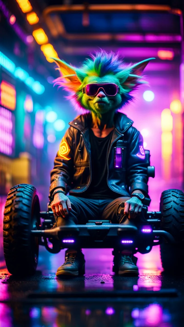 portrait of Hairy Gremlin pimp ninja yoga cyber punk in flying hipster tractor parked in dark neon lit reflective misty wet arcade hall tunnel,bokeh like f/0.8, tilt-shift lens 8k, high detail, smooth render, down-light, unreal engine, prize winning