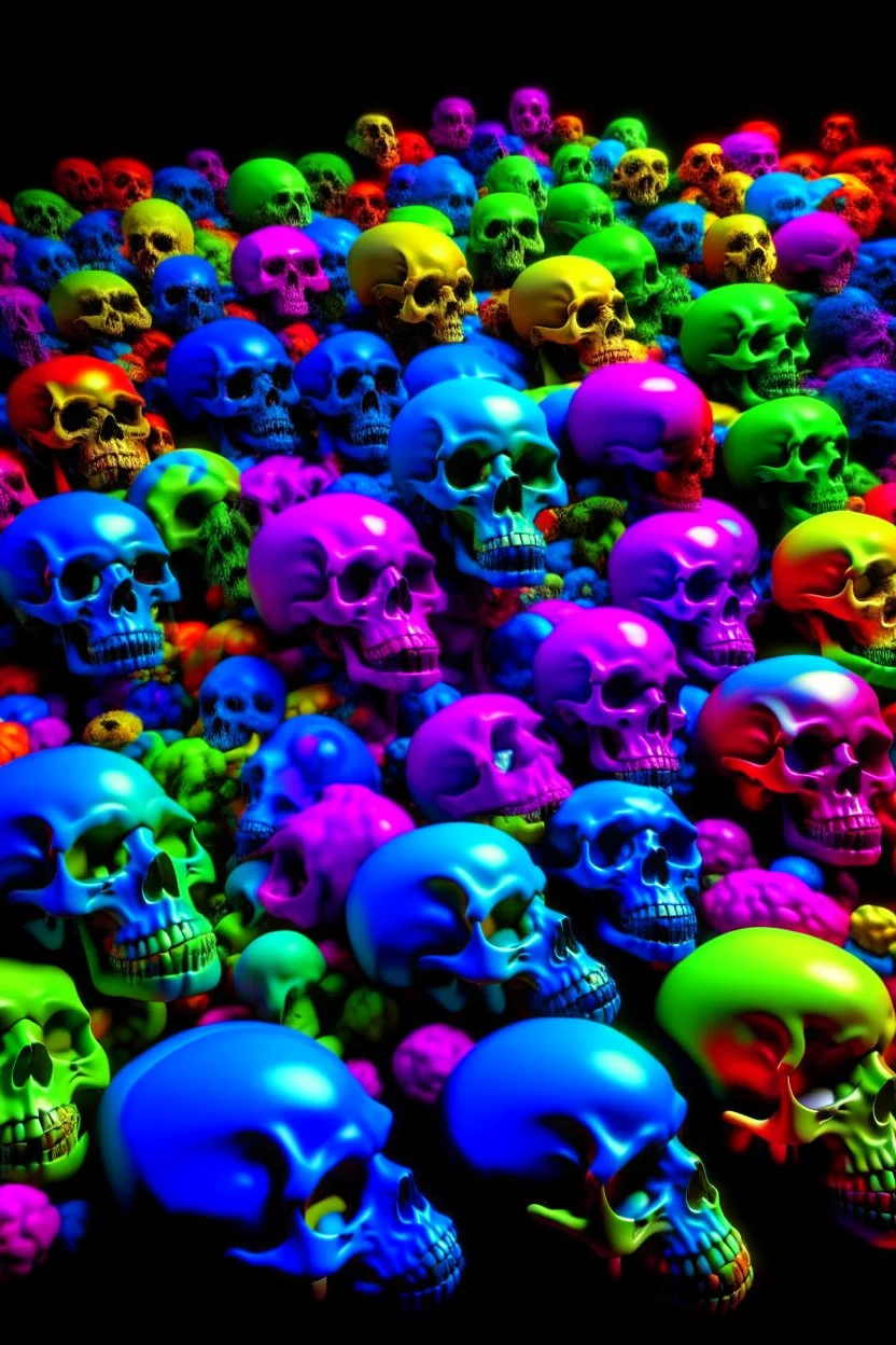 a field of 1000s of cartoonish, anatomically correct, skulls, vivid RANDOM BRIGHT neon colors, dark comedy, well lit, high detail, photorealistic, horrorcore, fun, scary, none featured, each a different color or hue,