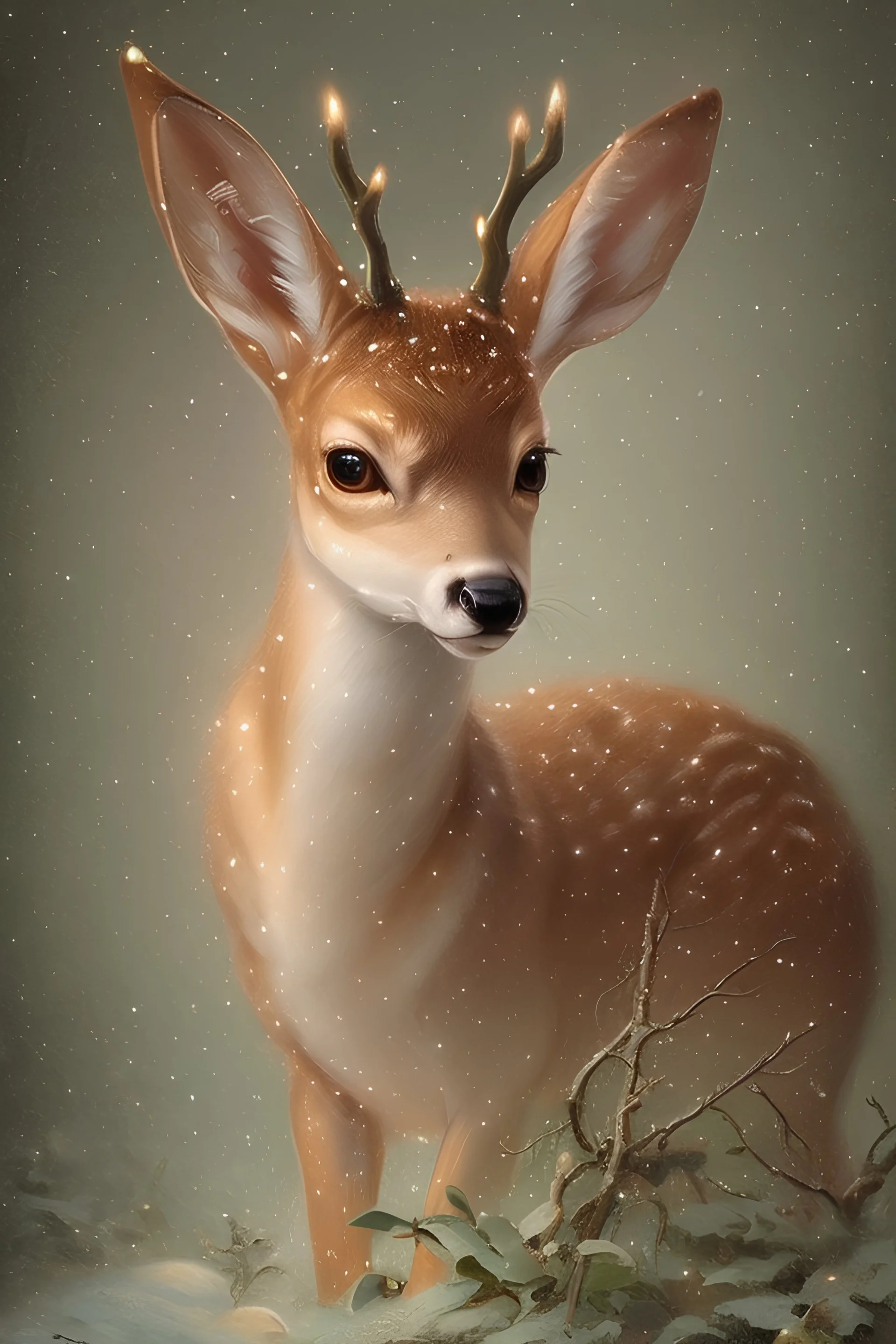 A picture of a Christmas little deer in the style of shabby chic, in the woods rococo, Thomas Kincaid art painting, pinterest, fantasy art, charming, detailed painting, realistic photo, trending on artstation, sharp focus, studio photo, muted colors,intricate details, highly detailed, by greg rutkowski, josephine wall