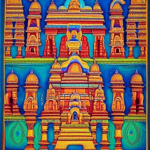 spiritual conscious Indian architecture with gopuram in Tibetian painting style