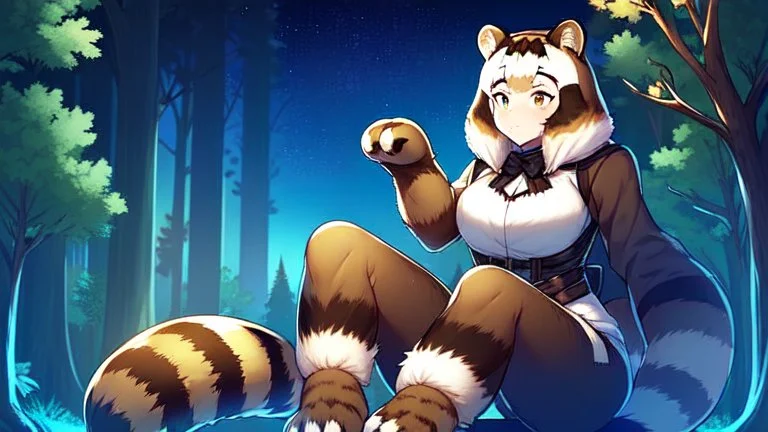 Girl, raccoon tail, raccoon ears, sit on tree, night time, forest, raccoon paws in foot, raccoon hand, raccoon legs.