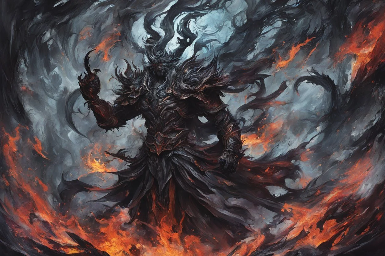 A visually striking and abstract representation of Hades, utilizing deep hues and complex shapes to evoke the mythical and godly aspects of his character, (visually striking abstract representation:1.4), (Hades, the mythical god:1.5), (deep hues and complex shapes:1.3), (expressive and godly ambiance:1.2), drawing inspiration from abstract interpretations of classical mythology