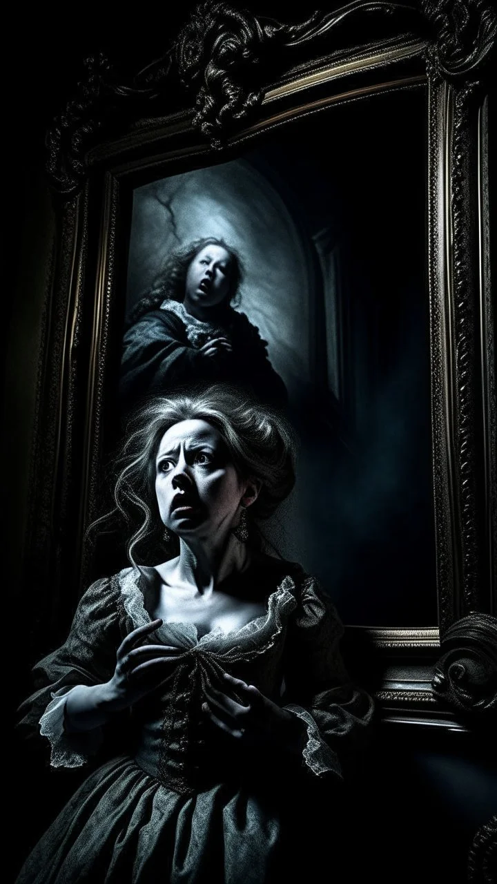 Woman in a dark room in a delusional state haunted by ghostly images, paint it in the baroque style, as if the woman is horrified