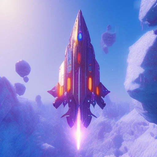 a crystalised blue pink spaceship, gold, diamonds, lightbeams, sunny background, atmospheric, realistic, unreal engine, 8k. Cinematic lighting, octane render.