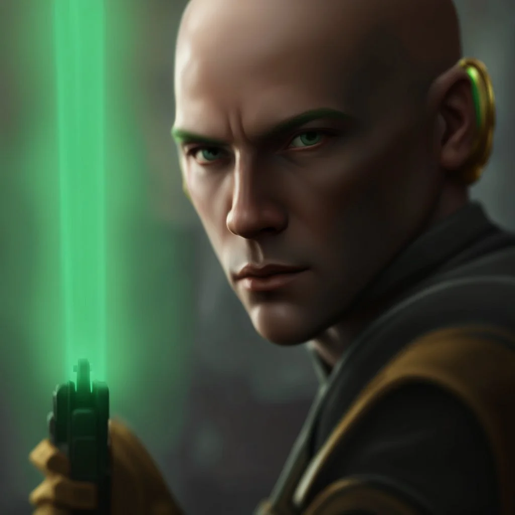 star wars bald male corellian jedi pilot wearing black and olive drab old republic armored flightsuit with gold trim inside the jedi temple holding a lightsaber with viridian green blade in left hand, centered head and shoulders portrait, hyperdetailed, dynamic lighting, hyperdetailed background, 8k resolution, volumetric lighting, light skin, fully symmetric details