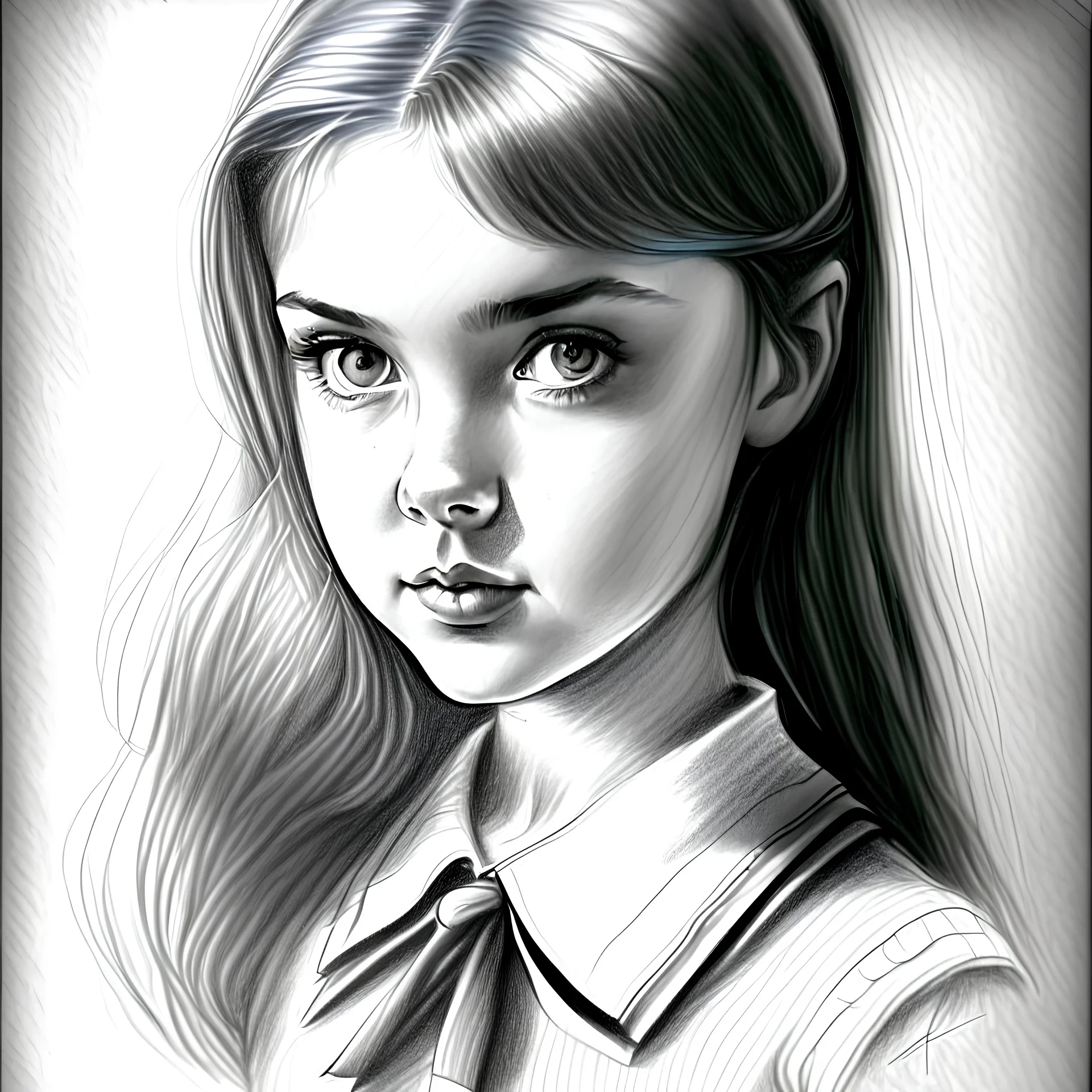 Beautiful school girl. Pencil sketch.