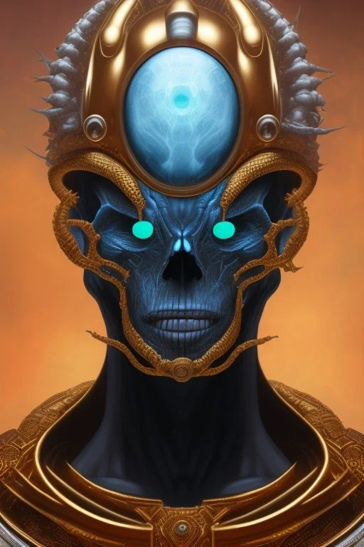 black male African alien, cracks in the head, wicked, Asian eyes, crown, blood, 8k, finely detailed, photo realistic, Boris Vallejo style turquoise skull head gold dragon space alien rain skeleton gold tooth silver helmet silver space suit spaceships