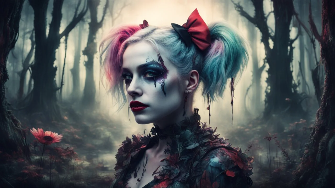 realistic portrait of harley quinn A mysterious forest where tress emit a natural luminesce, creating a surreal and enchanting atmosphere at nigth, double exposure, dark flowery swamp, glassmorphism, acid ground, ruins, floral fantasia, dark sci-fi, A gothic Art Deco biomechanical entity reminiscent of a punky, voodoo,