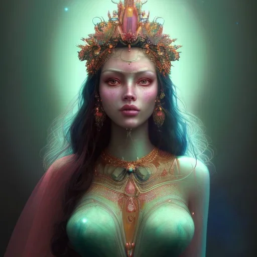 beautiful goddess, wearing gown of gemstones | fantasy, hyper-detailed, accurate anatomy, symmetrical facial features, sharp focus, volumetric lighting, 16k | karol bak, yoshitaka amano, tom bagshaw, aurora, zbrush cel-shaded, cgsociety | ethereal beautiful astral vaporwave storybook illustration, dark fantasy