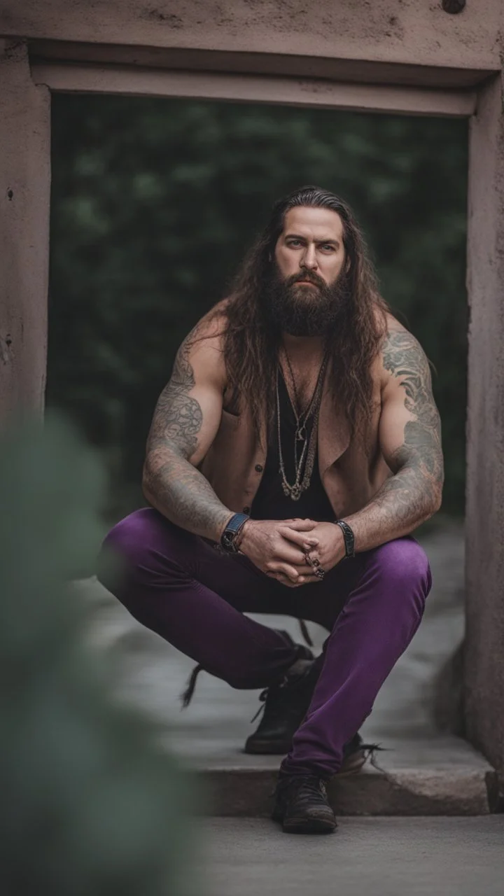 full figure photography of a hippy gipsy burly muscular chubby strong man 31 years old with long raided beard, shaved hair, tattoo, photorealistic ,dressed with a purple ripped t-shirt, side light, outdoor in a dirty street