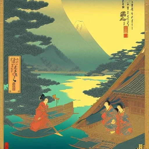 Ukiyo-e styled art, stream, mountain, sun, family on a boat