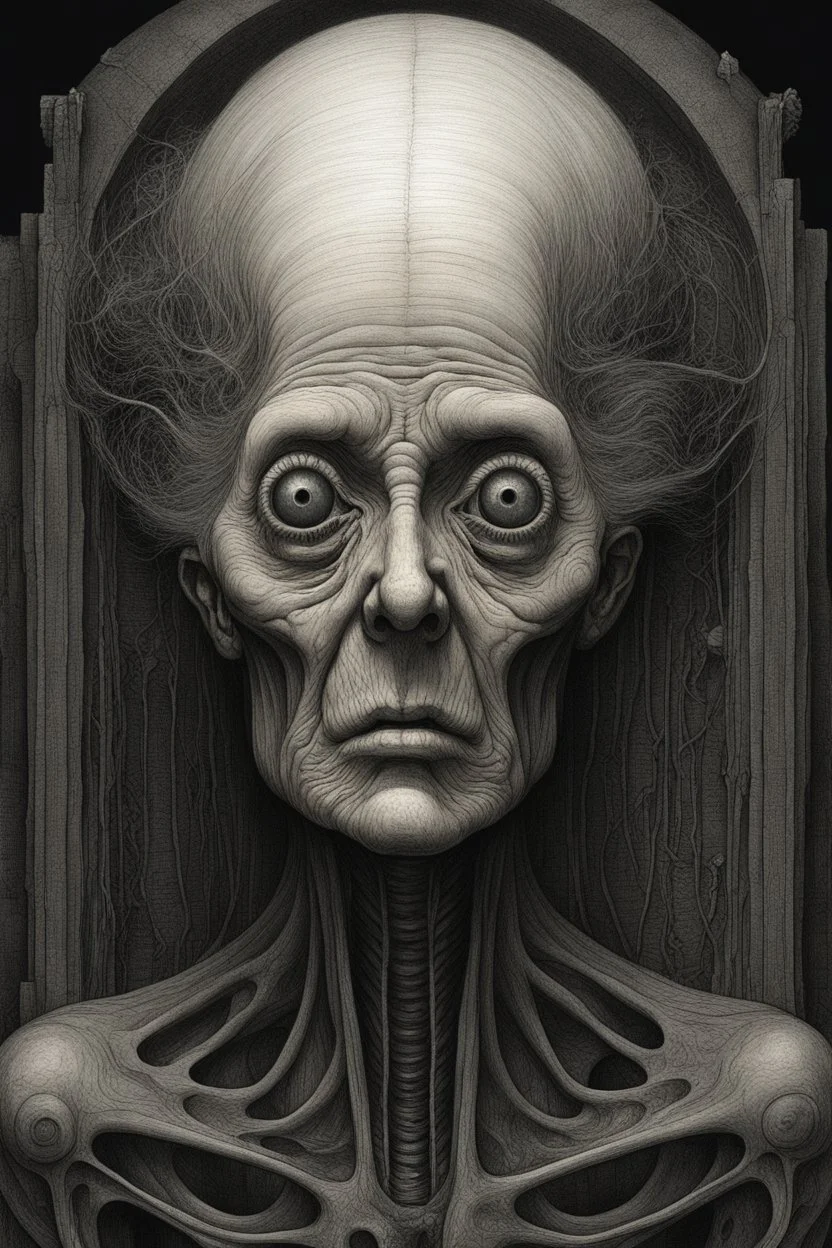 an old woman, a thin line draw ، , front view camera, decayed and rotting with grotesque proportions and imagery. surreal horror, biomechanical design, by hr giger and beksinski , fine lines draw