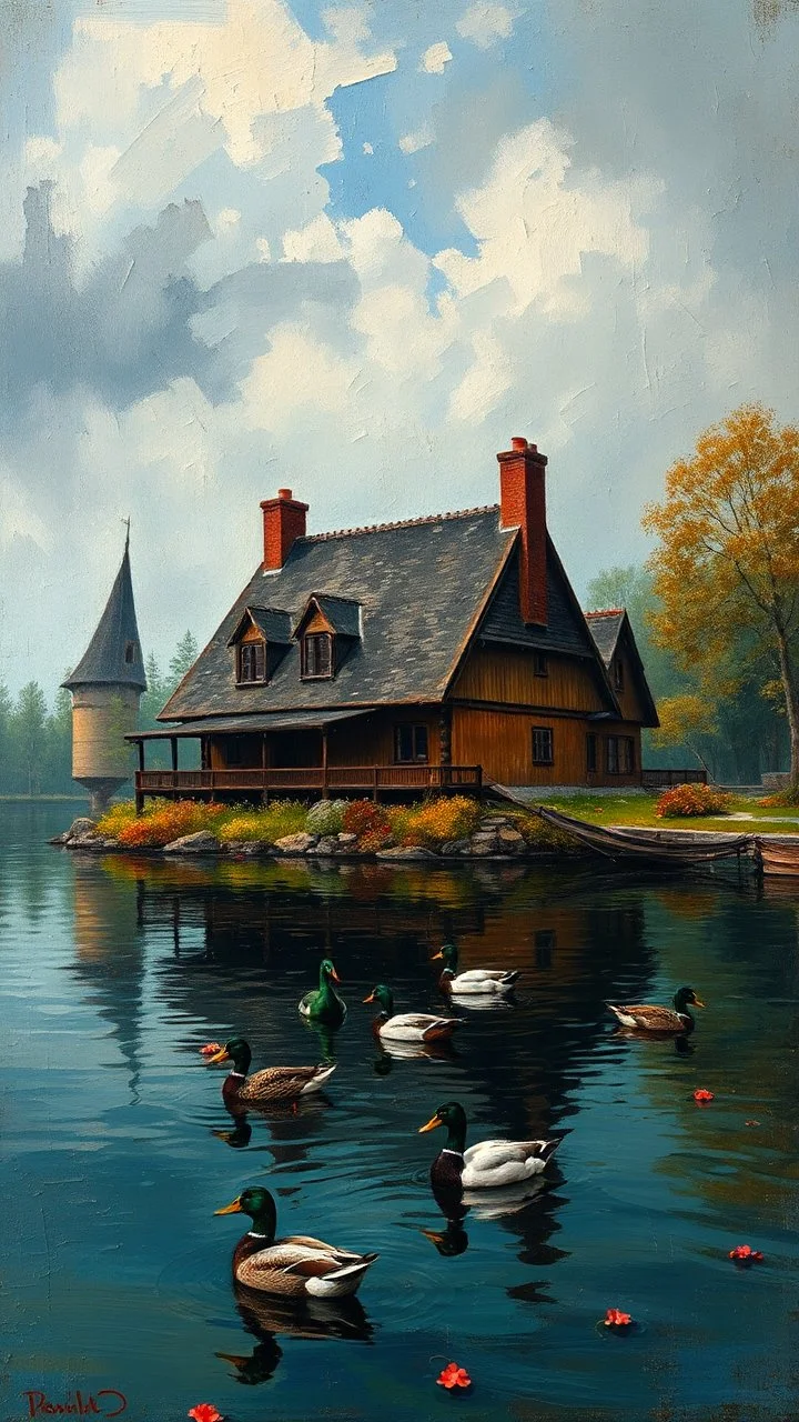 A big house on the lake with ducks in masterfully detailed, vibrant created with spatulated oil painting techniques, featuring thick, impasto strokes, grunge scratches, and deposit of saturated oil pigments in the style of Rembrandt