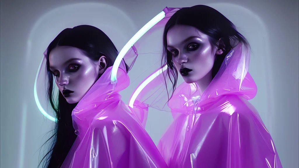 painting by koson ohara and marta bevacqua, portrait of a beautiful goth woman with long black hair, wearing a plastic raincoat, purple neon lighting, 8k, high quality, highly detailed