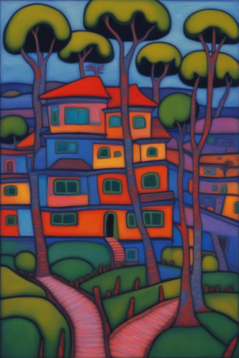 The house nestled by trees near the cerulean sea; Post-Impressionism; Hundertwasser.